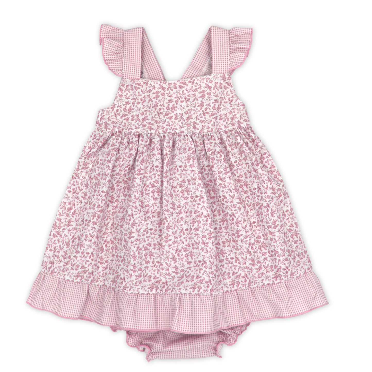 Rapife Pink Floral Baby Dress & Knickers Set with Gingham Trim