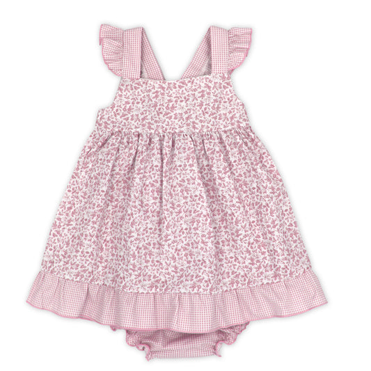 Rapife Pink Floral Baby Dress & Knickers Set with Gingham Trim