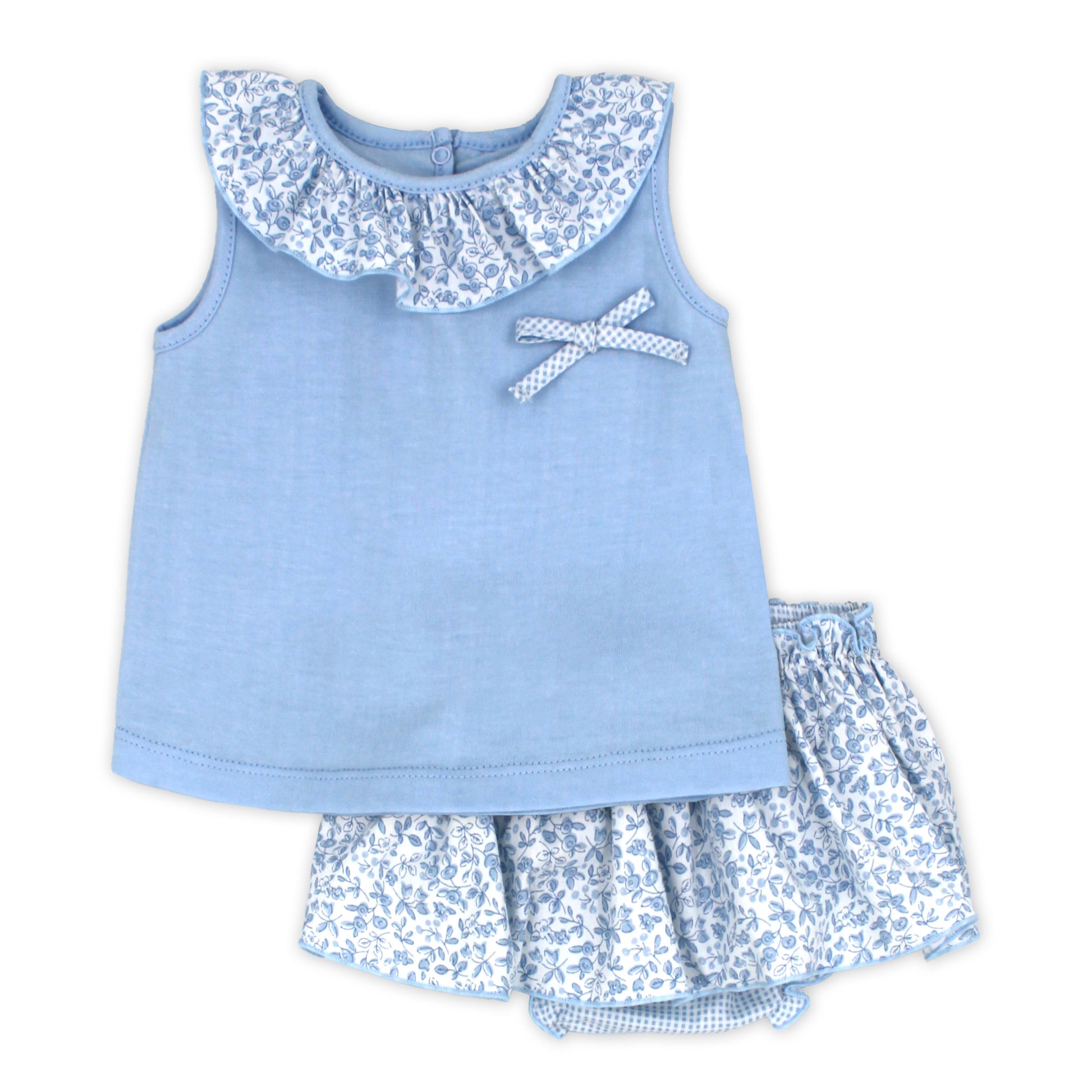 Blue children's outfit with floral collar and skirt on a white background