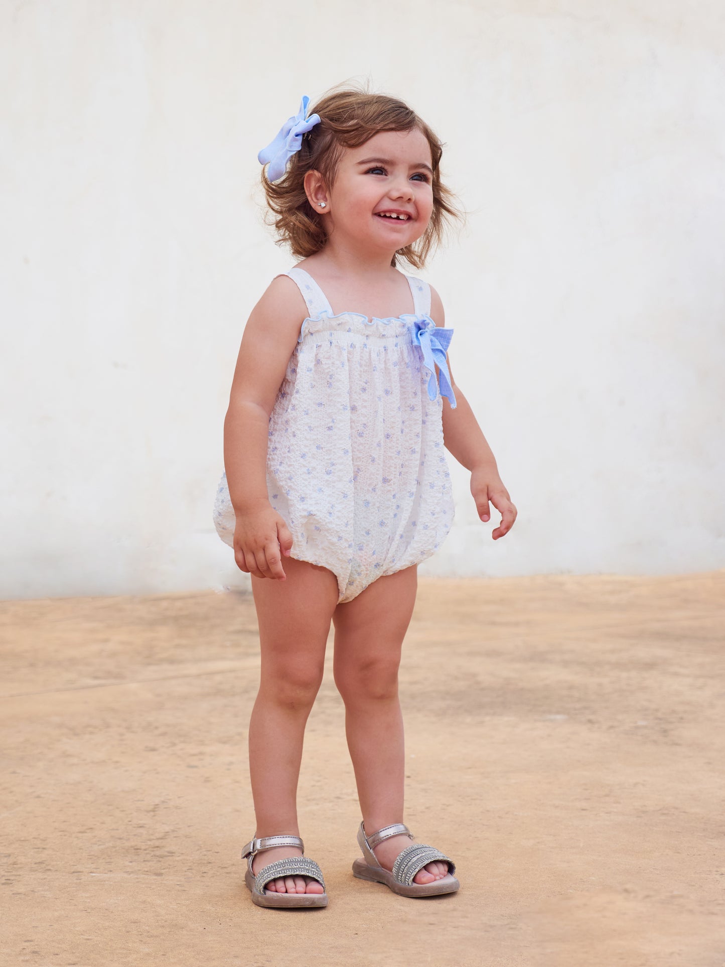 Rapife White & Blue Floral Baby Romper with Bow