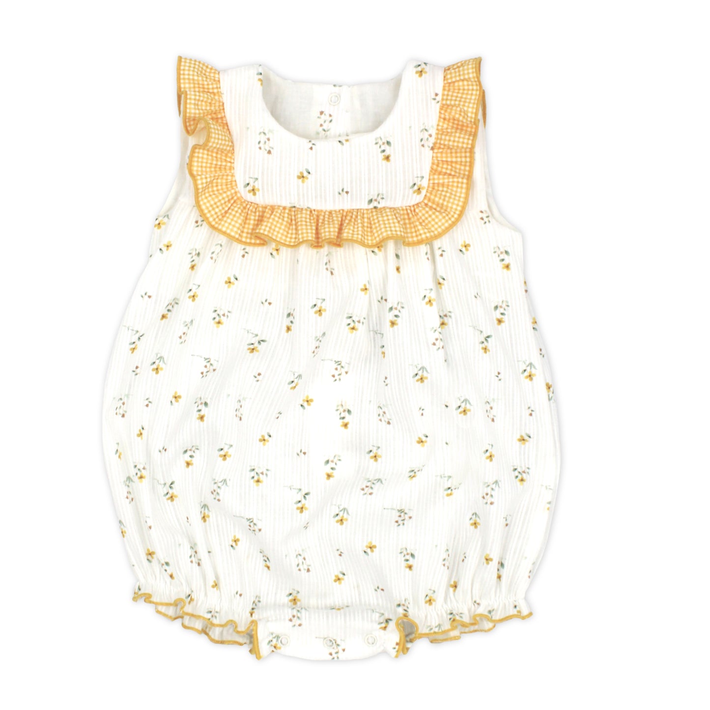 Baby romper with floral pattern and yellow trim on a white background