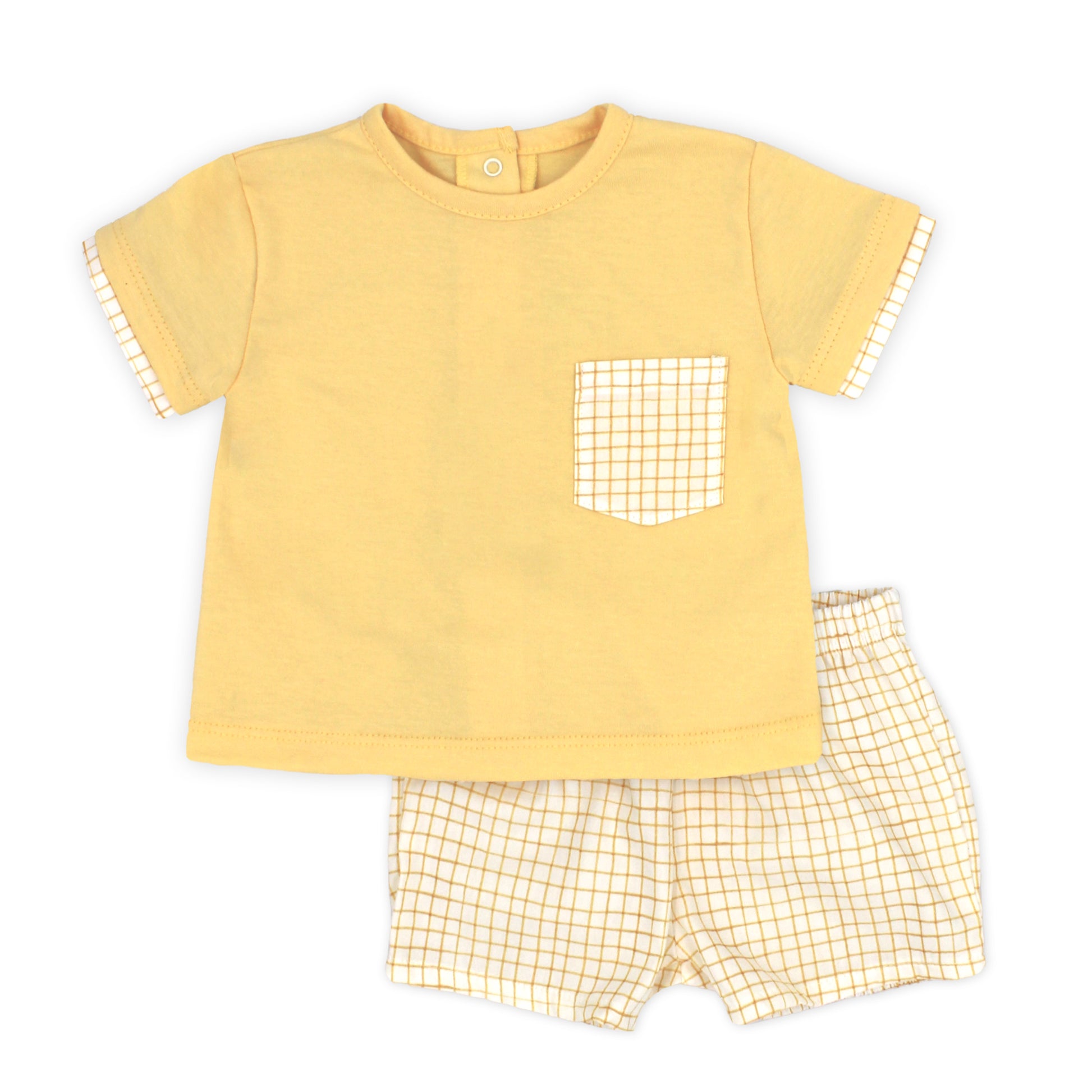 Yellow t-shirt with a pocket and checkered shorts on a white background