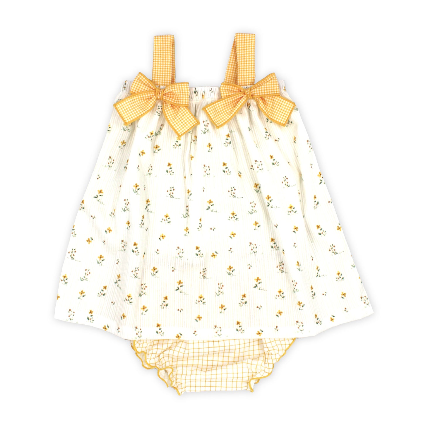 Baby outfit with floral dress and bloomers on a white background