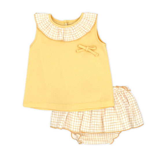 Yellow baby dress with checkered collar and matching bloomers on a white background