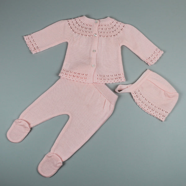 baby girls pink three piece outfit with bonnet