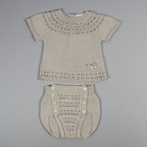 baby girls beige knitted two piece outfit with jam pants