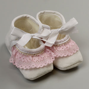 White and Pink Girls Ballerina Booties with Ribbon - Newborn to 6 months