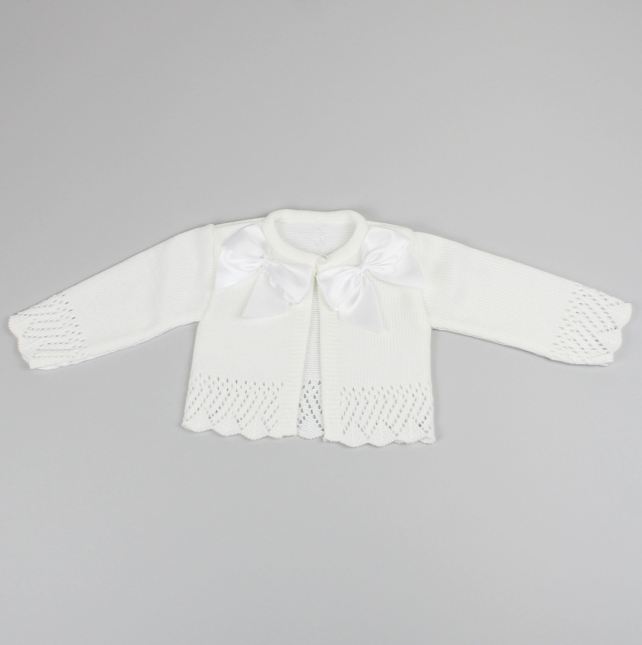 Baby Girls Cardigan - White with Bows to Neck