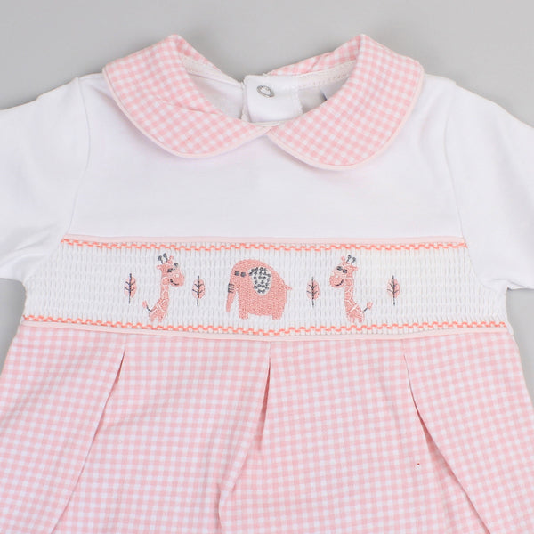 Pink Checked Baby Romper - Smocked Jungle Animals