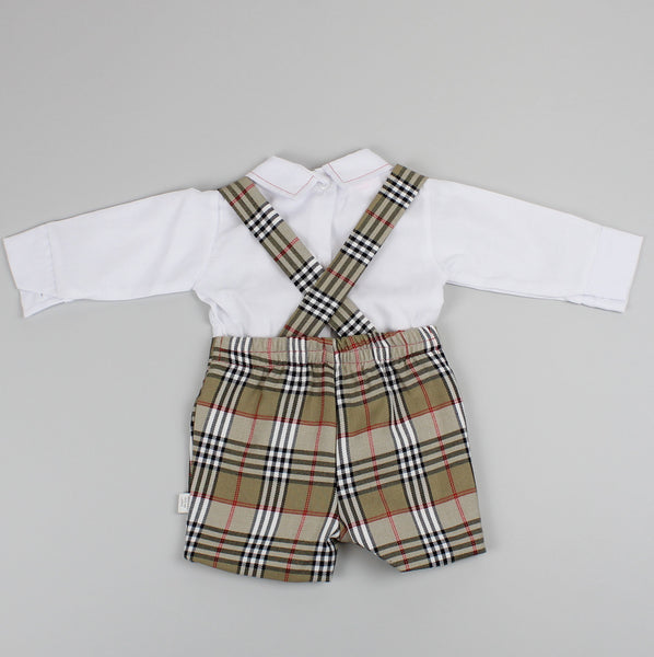 Baby Boys Beige Tartan Two Piece Outfit - Shirt and Short Set