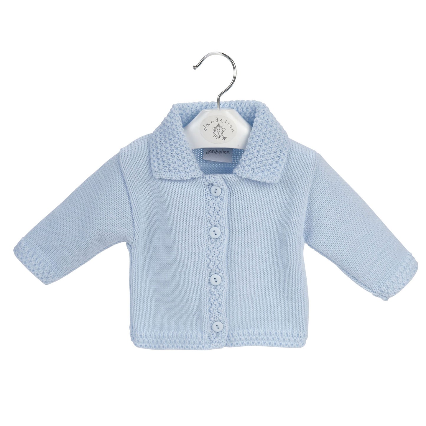 Light blue baby knitted cardigan on a white background