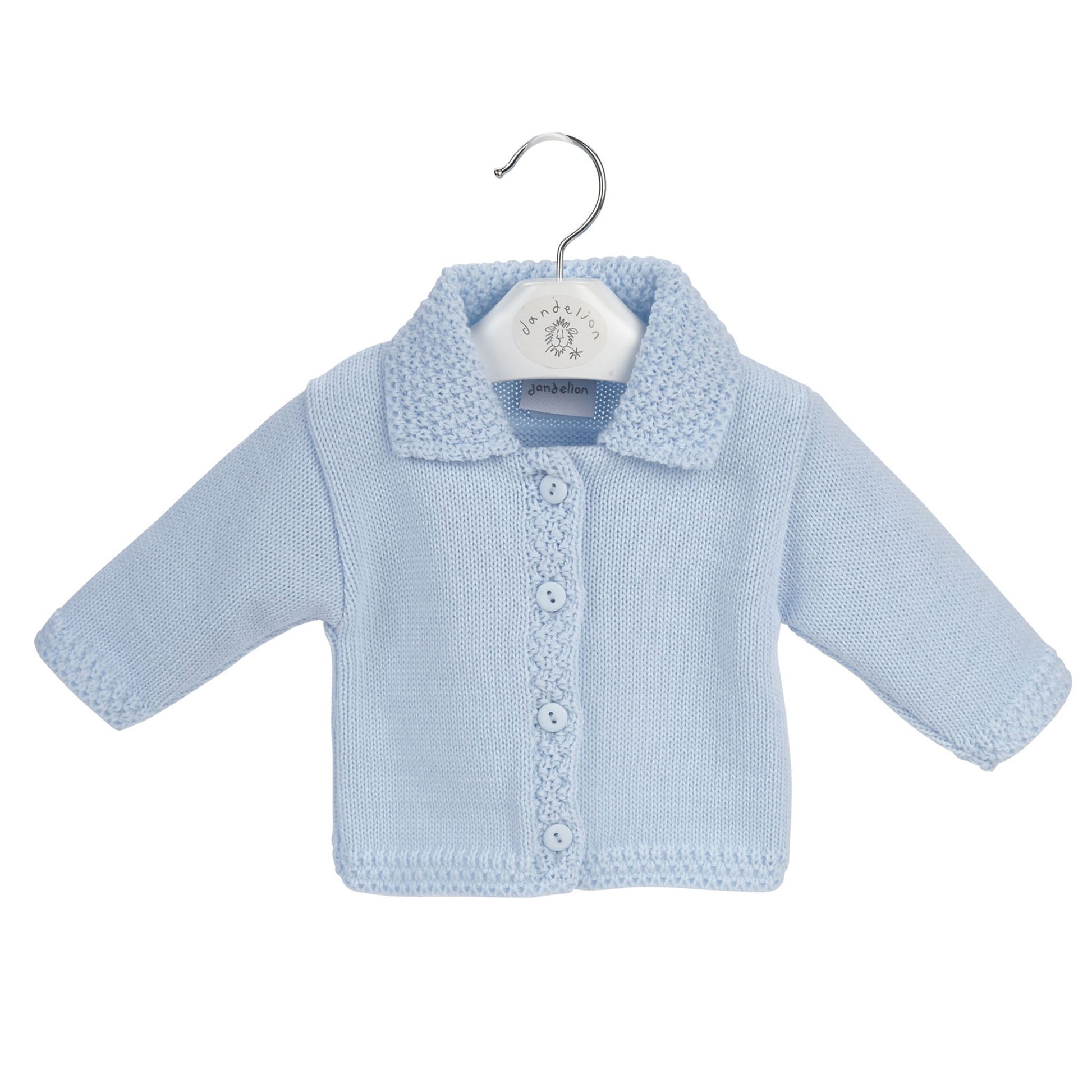 Light blue baby knitted cardigan on a white background