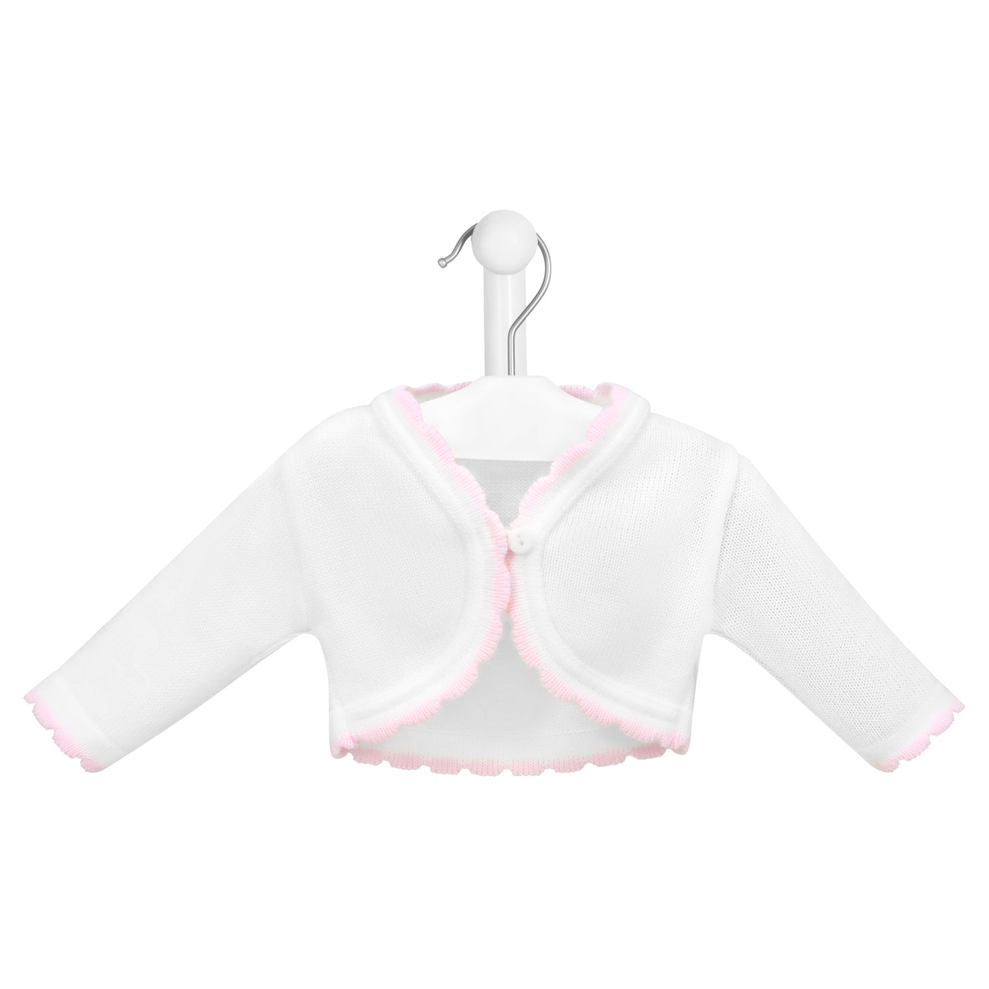 White baby cardigan with pink trim on a hanger against a white background