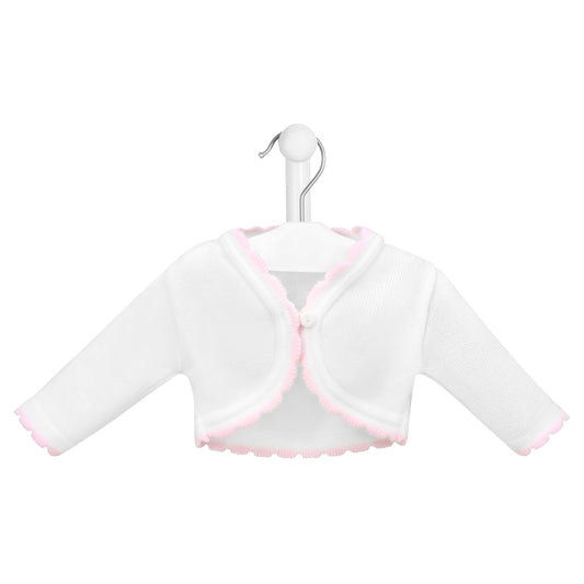 White baby cardigan with pink trim on a hanger against a white background
