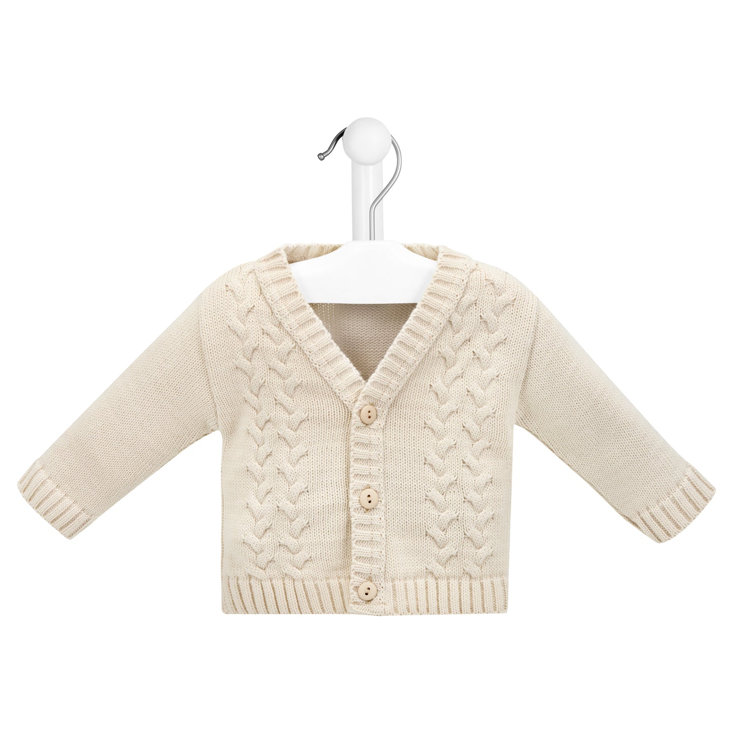 Beige baby cardigan on a white background