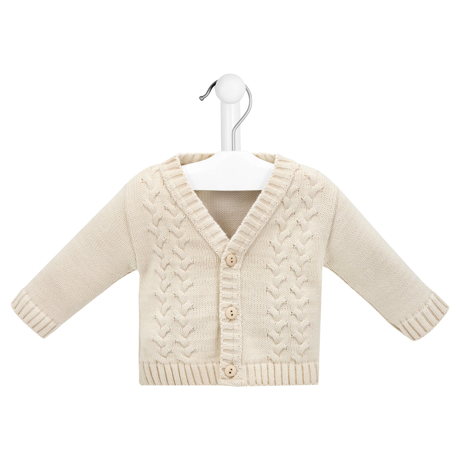 Beige baby cardigan on a white background
