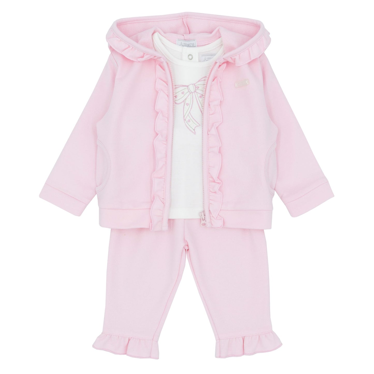 Pink baby jog set with a hood on a white background