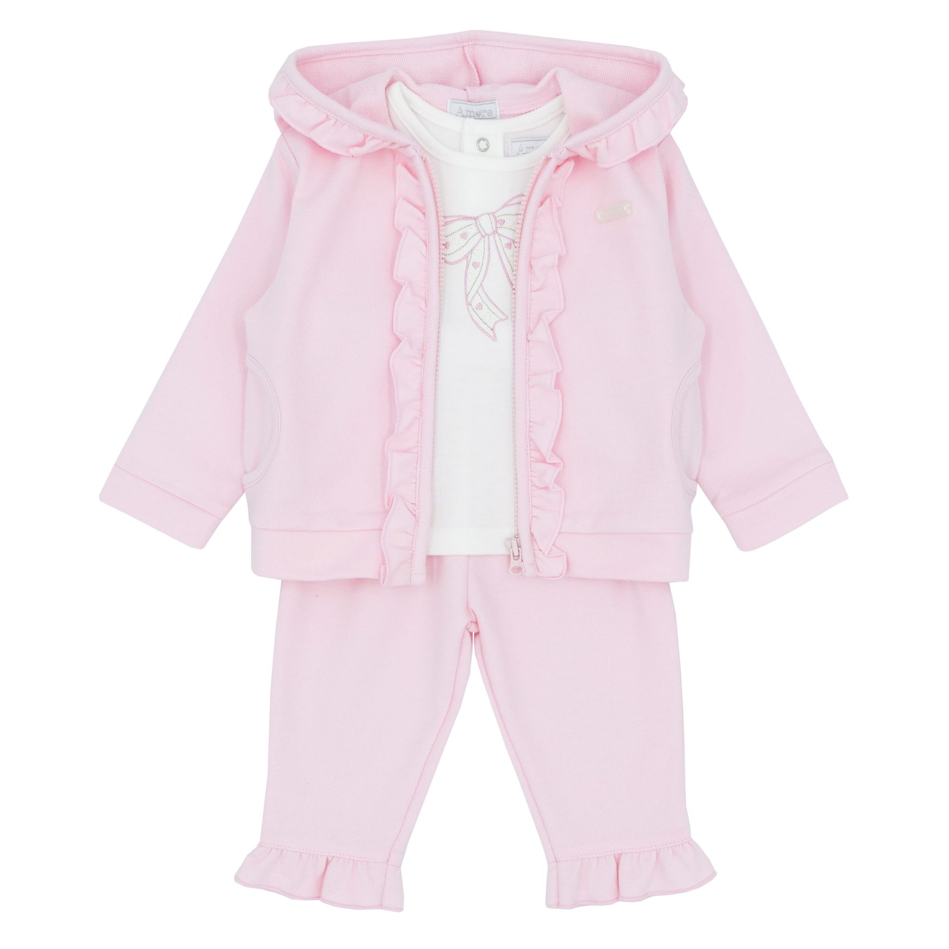 Pink baby jog set with a hood on a white background
