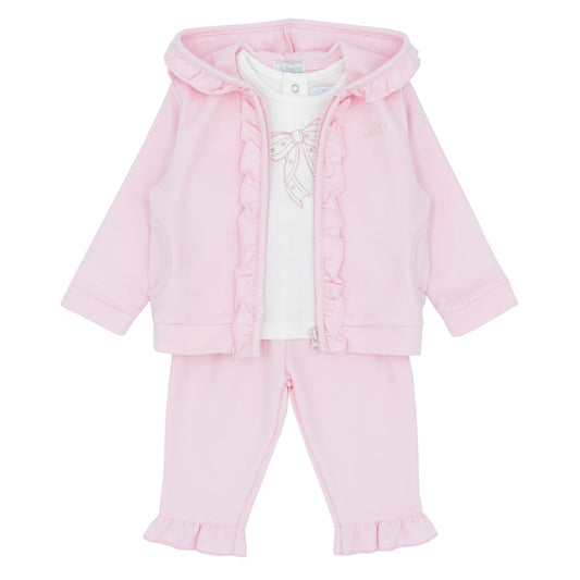 Pink baby jog set with a hood on a white background