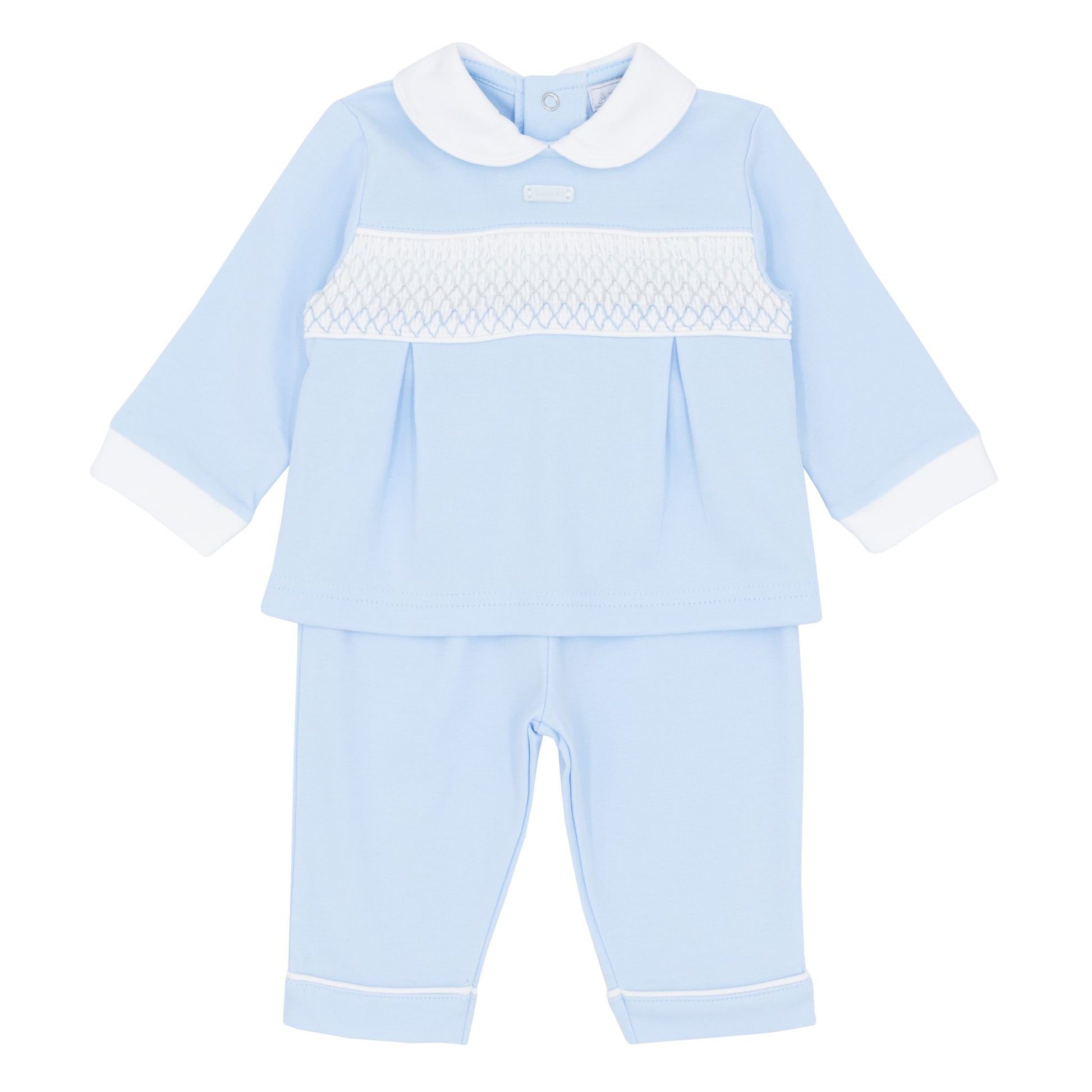 baby boys two piece blue and white outfit with smocking