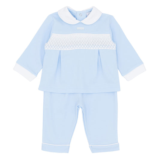 baby boys two piece blue and white outfit with smocking