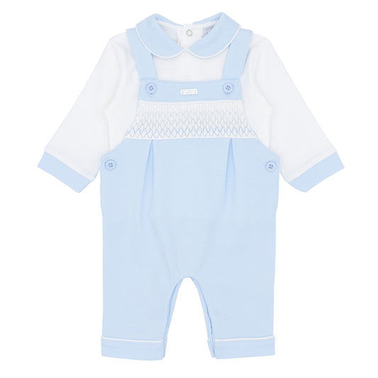baby boys blue and white dunagrees smocking