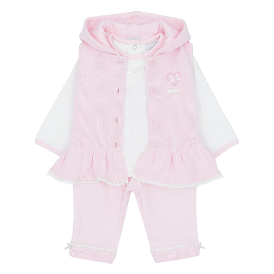 Pink baby outfit with a jacket and pants on a white background