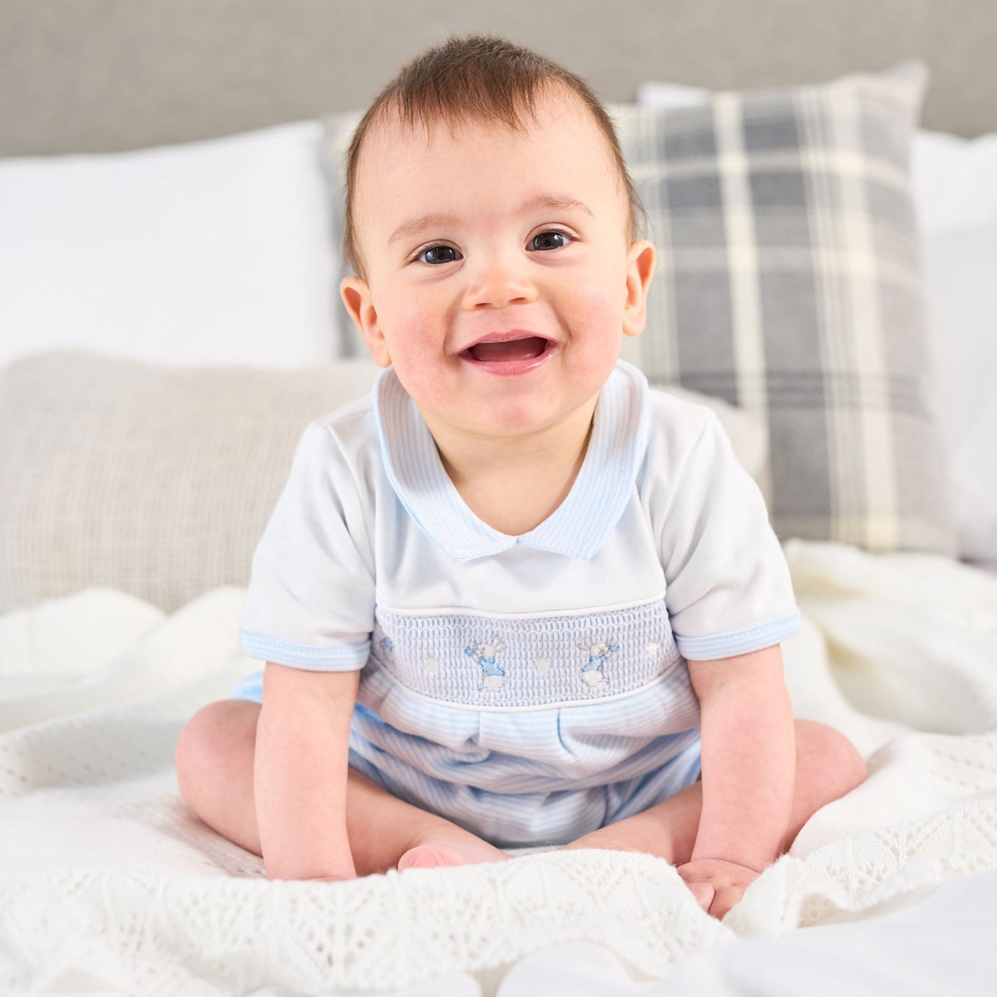 Dandelion Baby Boys Blue & White Romper – Smocked with Bunny Embroidery