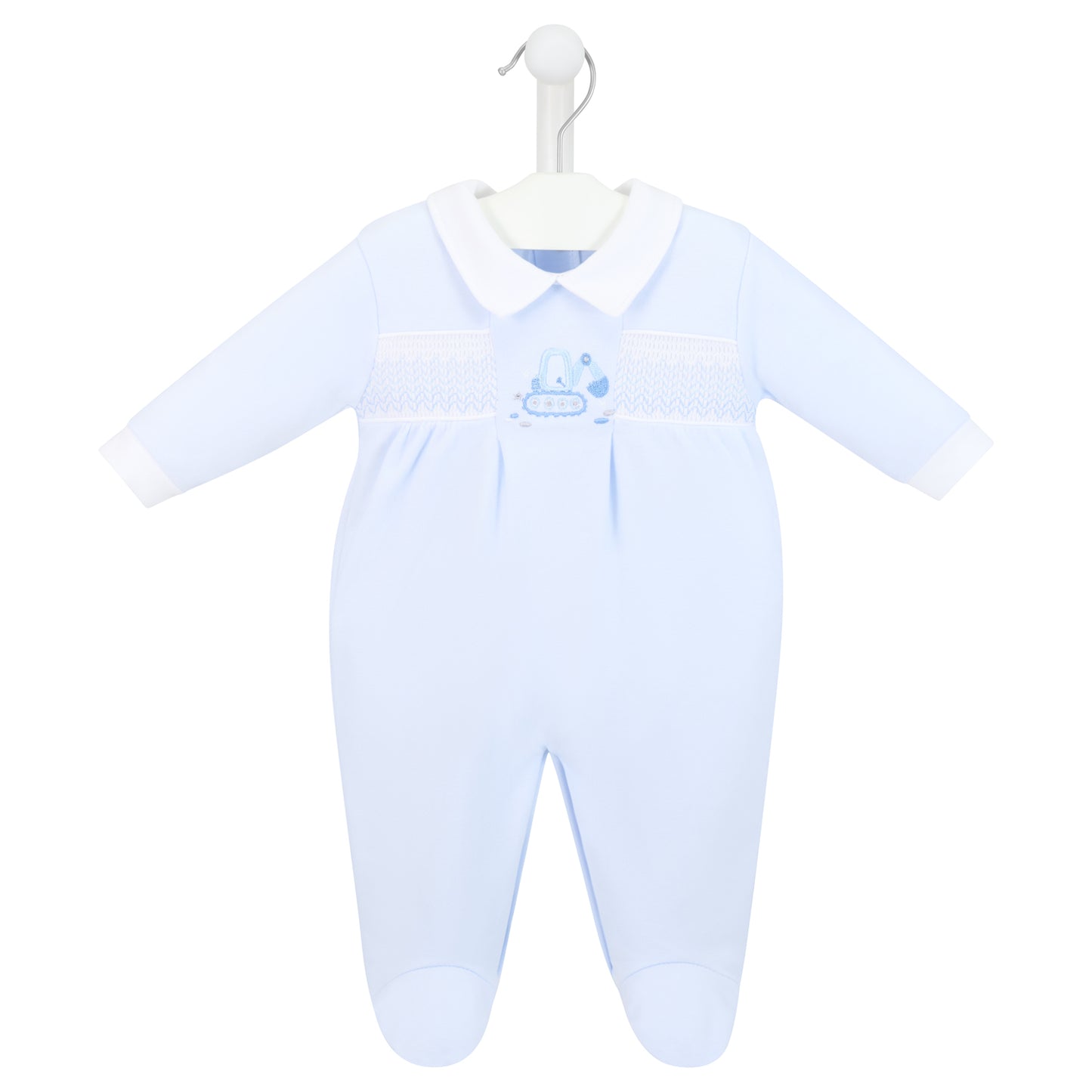 Light blue baby onesie with a collar on a white background