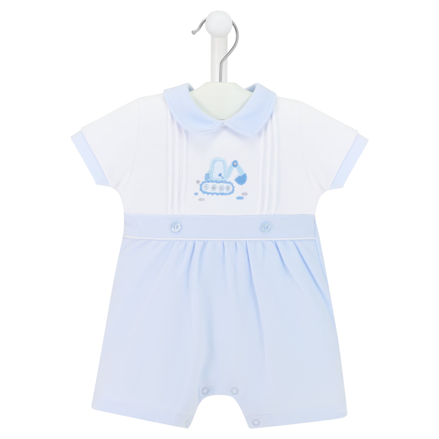 Baby romper with blue trim on a white background