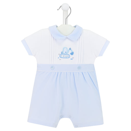 Baby romper with blue trim on a white background