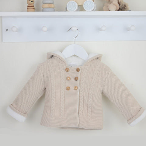 Baby Double Knitted Jacket with Hood - Beige