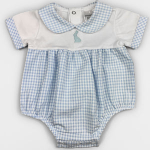 BABY BOYS CHECKED RABBIT BLUE AND WHITE ROMPER