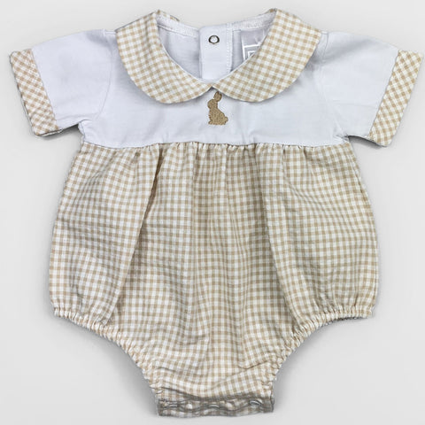 Baby unisex rabbit checked romper white and beige