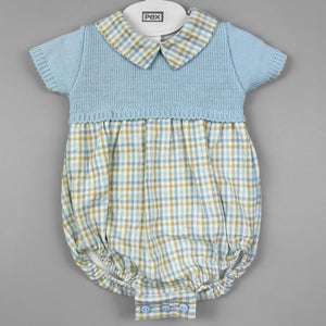 Baby boys knitted checkered pattern romper blue pex