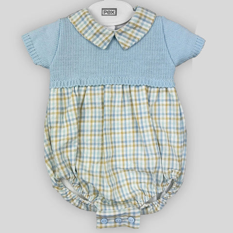 Baby boys knitted checkered pattern romper blue pex