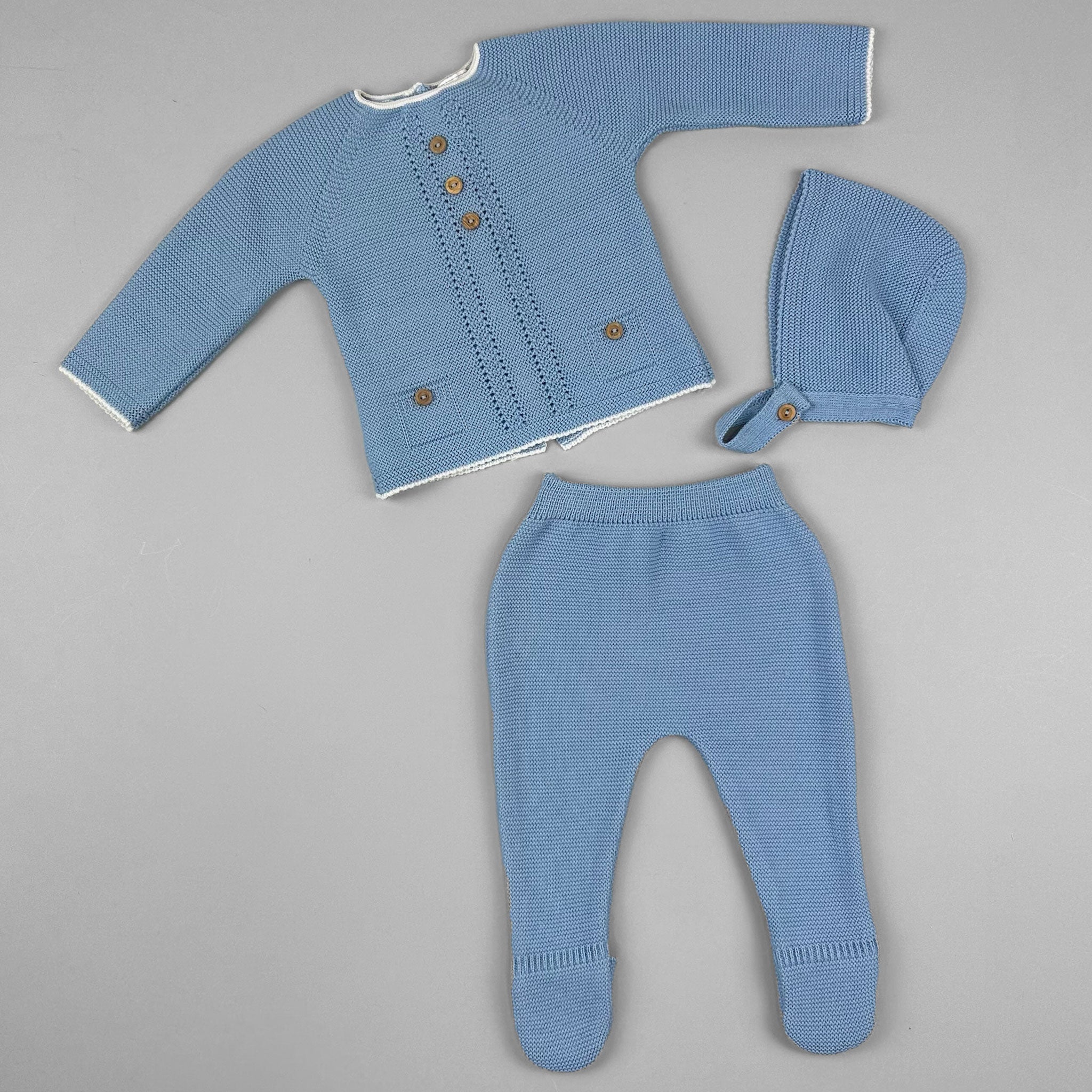 BABY BOYS BLUE THREE PIECE KNITTED PEX OUTFIT