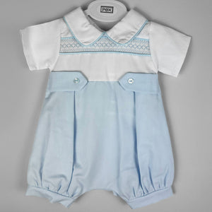 baby boys romper blue smocking white pex