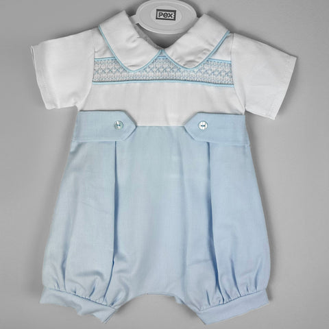 baby boys romper blue smocking white pex