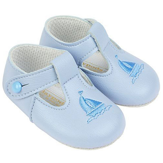 Baypods Boy Crib Shoes with Soft Sole and T Bar and Yacht Embroidery