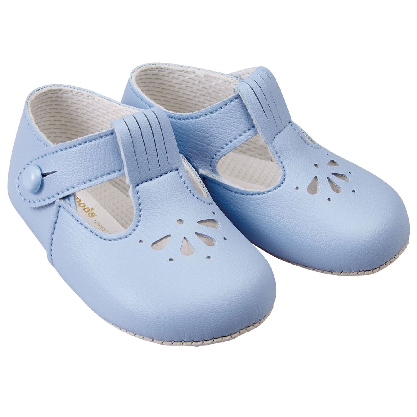 Pair of light blue baby shoes with cut-out design on a white background
