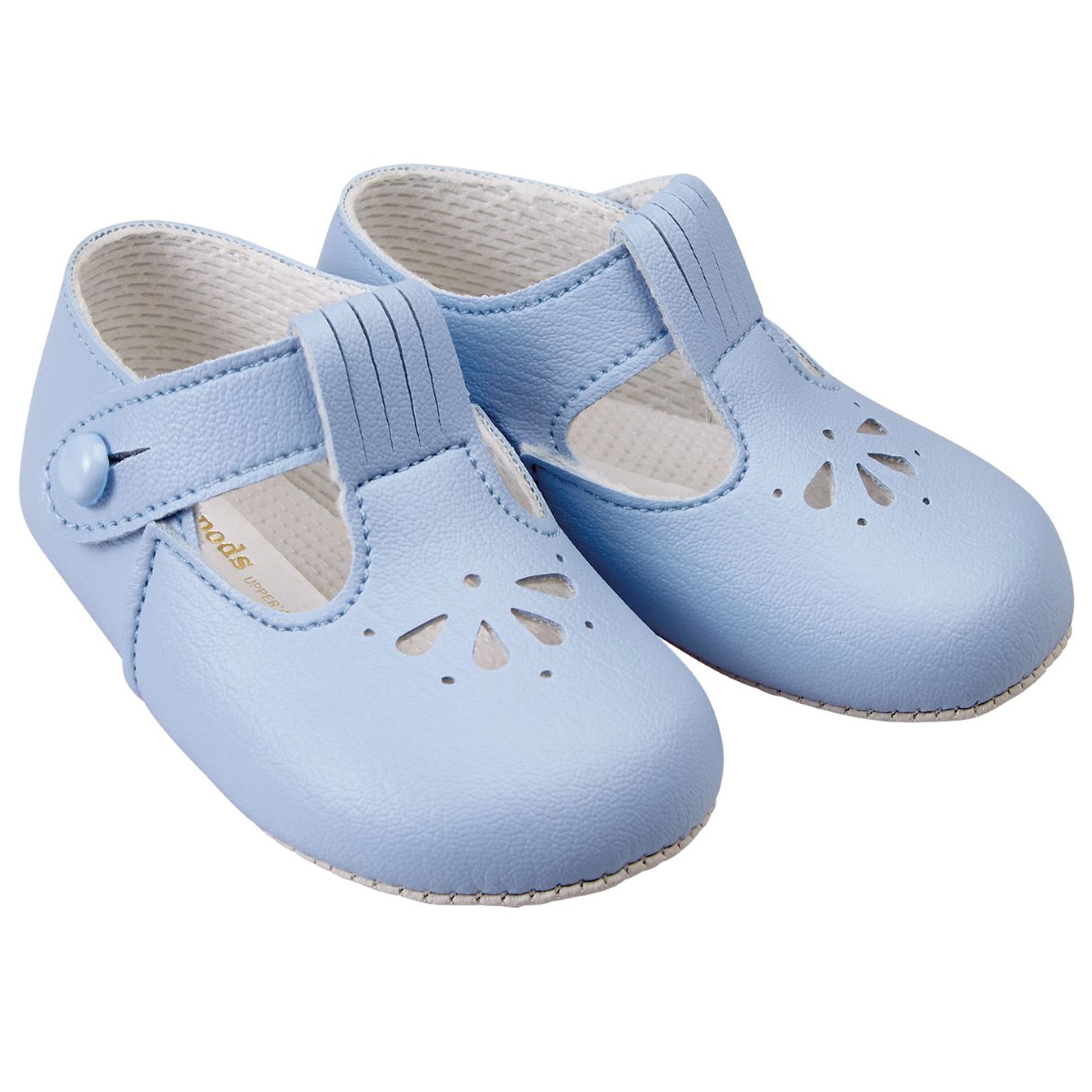 Pair of light blue baby shoes with cut-out design on a white background