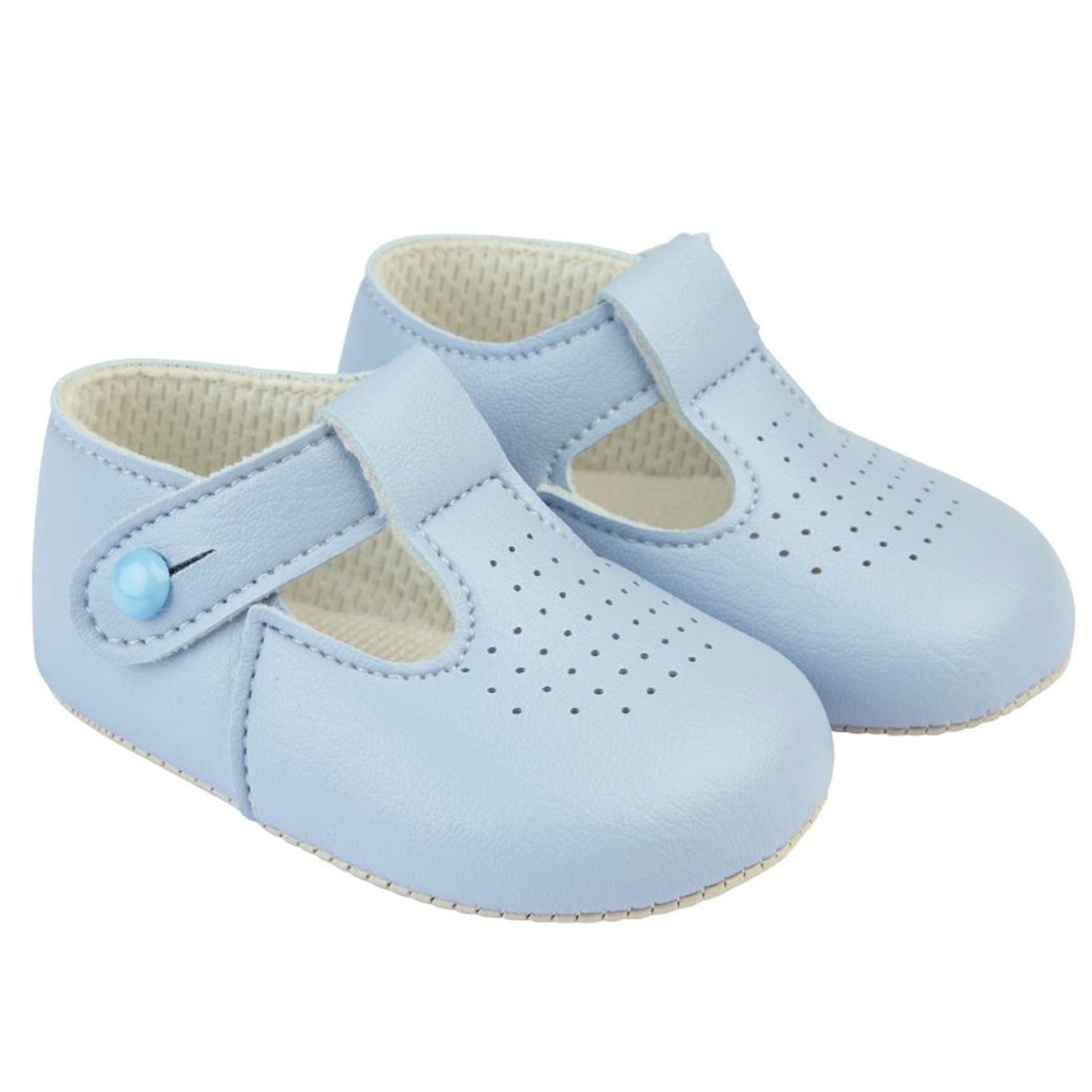 Pair of light blue baby shoes with a strap on a white background