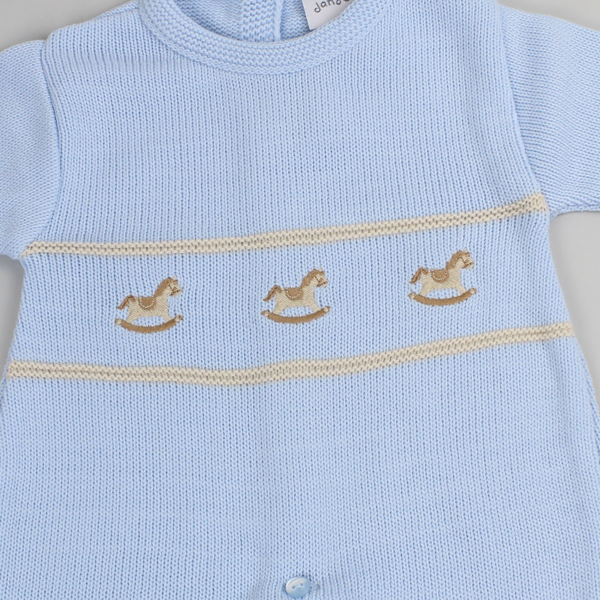 baby boys blue all in one knitted outfit