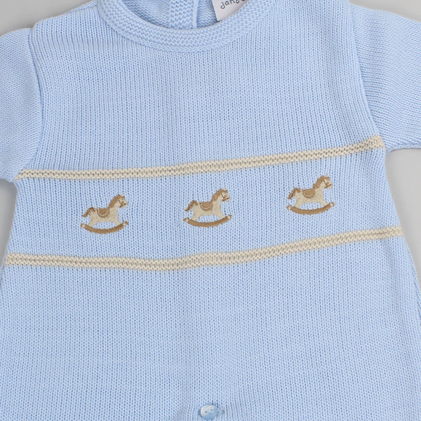 baby boys blue all in one knitted outfit