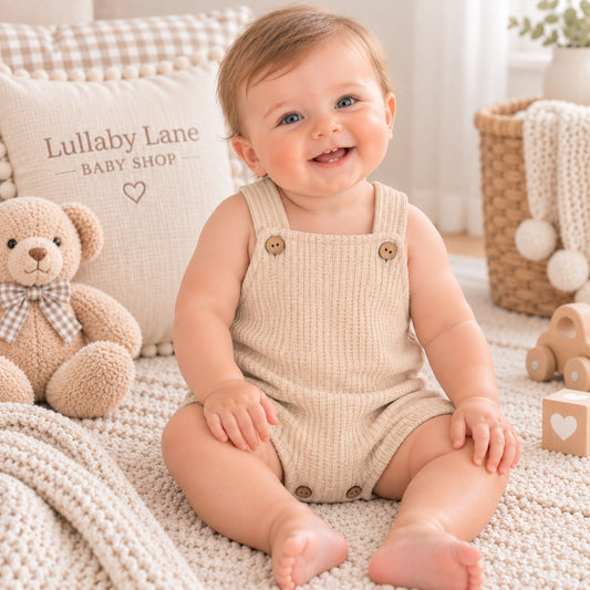 A baby sitting on a cream knit blanket in a cozy nursery setting, wearing a beige ribbed sleeveless romper with brown button details. The background features a teddy bear, a pillow reading 'Lullaby Lane BABY SHOP', and soft nursery decor.