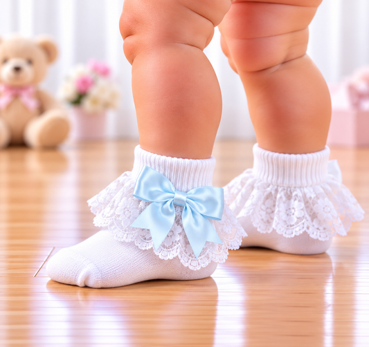 White baby socks with lace ruffles and a light blue satin bow, worn on a baby's feet on a wooden floor.