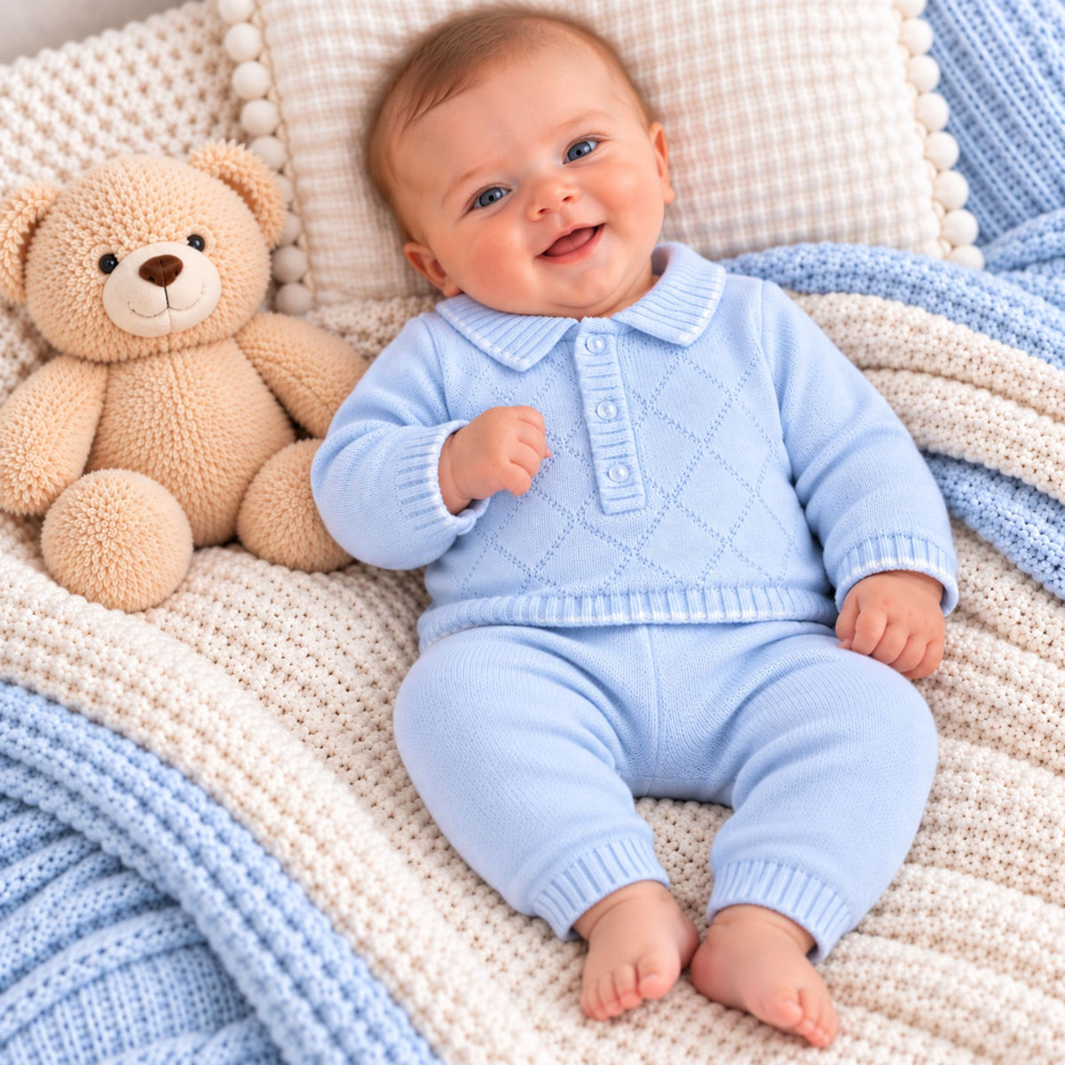 Baby Boy Diamond Knitted Jumper and Trousers - Blue