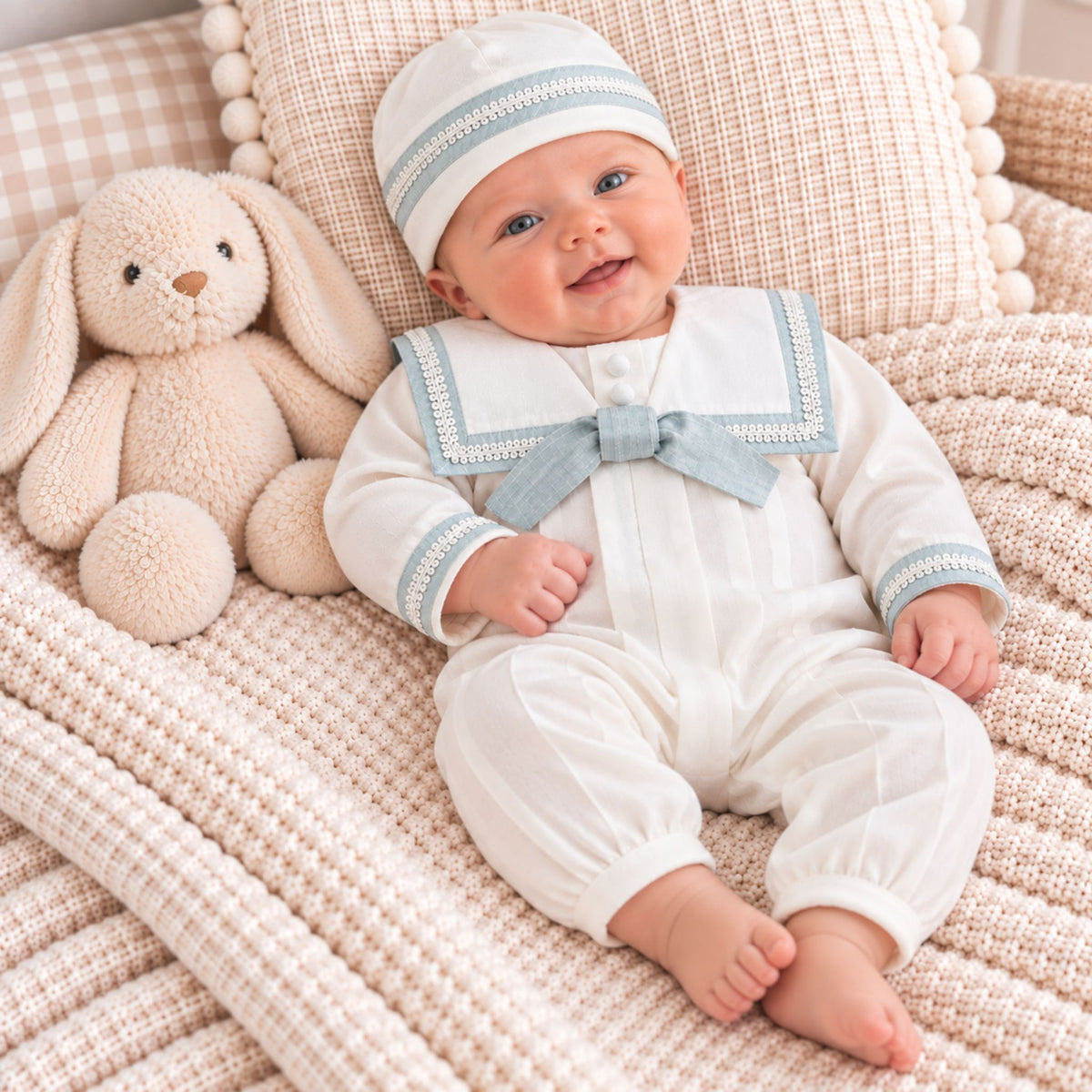 baby boy silk christening romper and hat