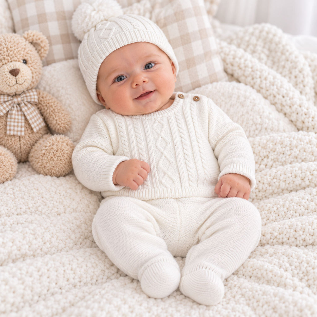 A baby wearing a cream cable-knit one-piece outfit with a matching knit pom-pom hat, sitting on a textured cream blanket next to a teddy bear.